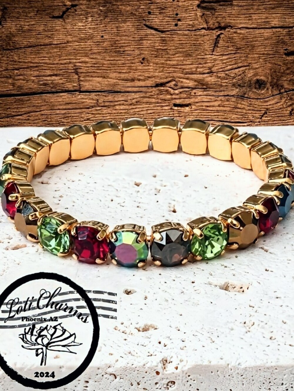 Christmas Red & Green  In Premium Crystals On Stretch Bracelet Gold Plated